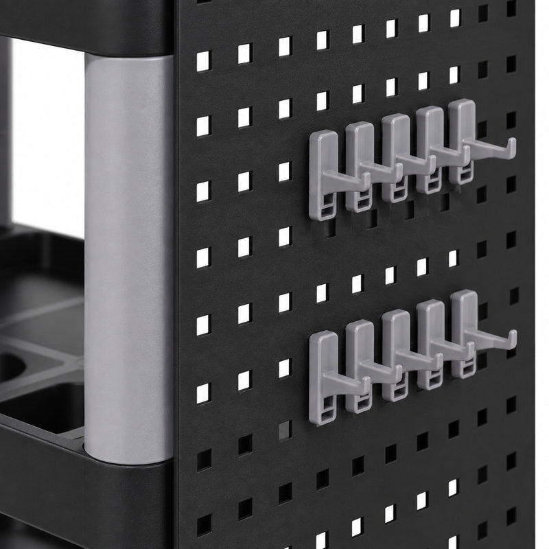 Chariot utilitaire roulant à 3 niveaux avec roues, panneaux perforés et bac, chariot de rangement d'outils en plastique de 90 kg (200 lb) pour garage, entrepôt et atelier, noir et gris pâle