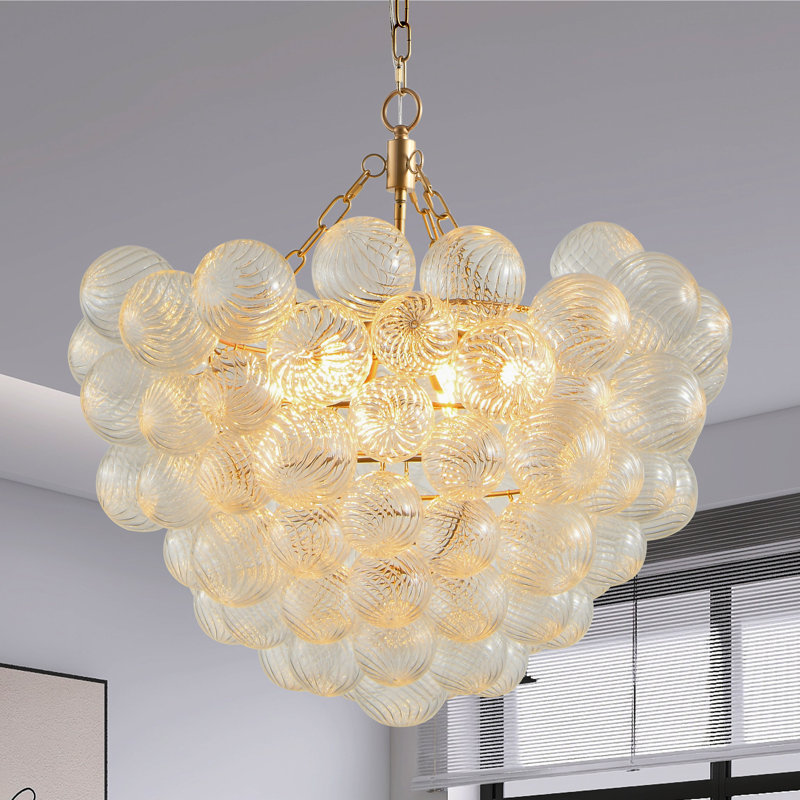 Lustre 27,5 pouces à abat-jour sphérique en verre transparent fileté doré (sans ampoules)