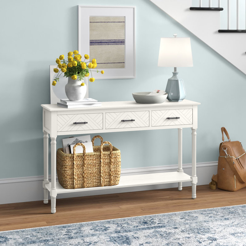 Stylish Chupp 47.3'' Console Table –Solid Wood Top with Storage Drawers, Turned Legs & Display Shelf, Distressed White