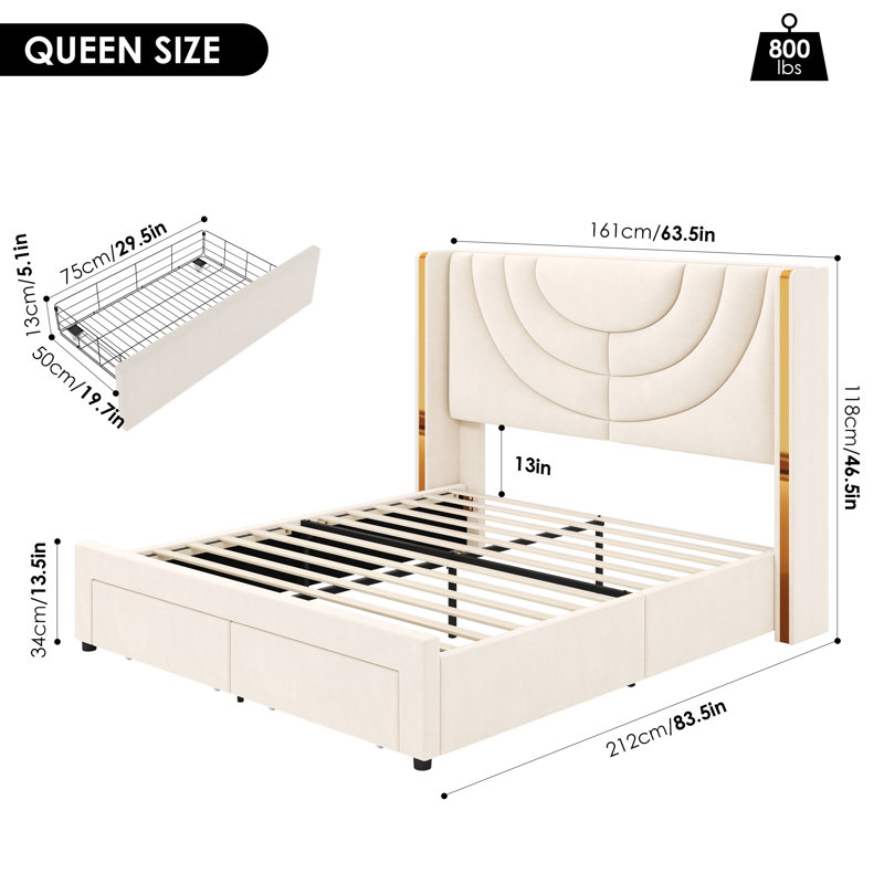 3 Piece Modern Bedroom Set With LED Storage Bed & Charging Nightstands, Queen