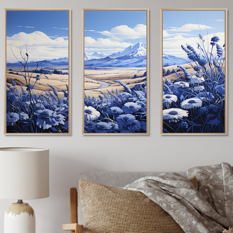 «Mountain Cornflowers Field Charm», ensemble d'art mural sur toile, 40" H x 60" W x 1" D, Cadre naturel flottant