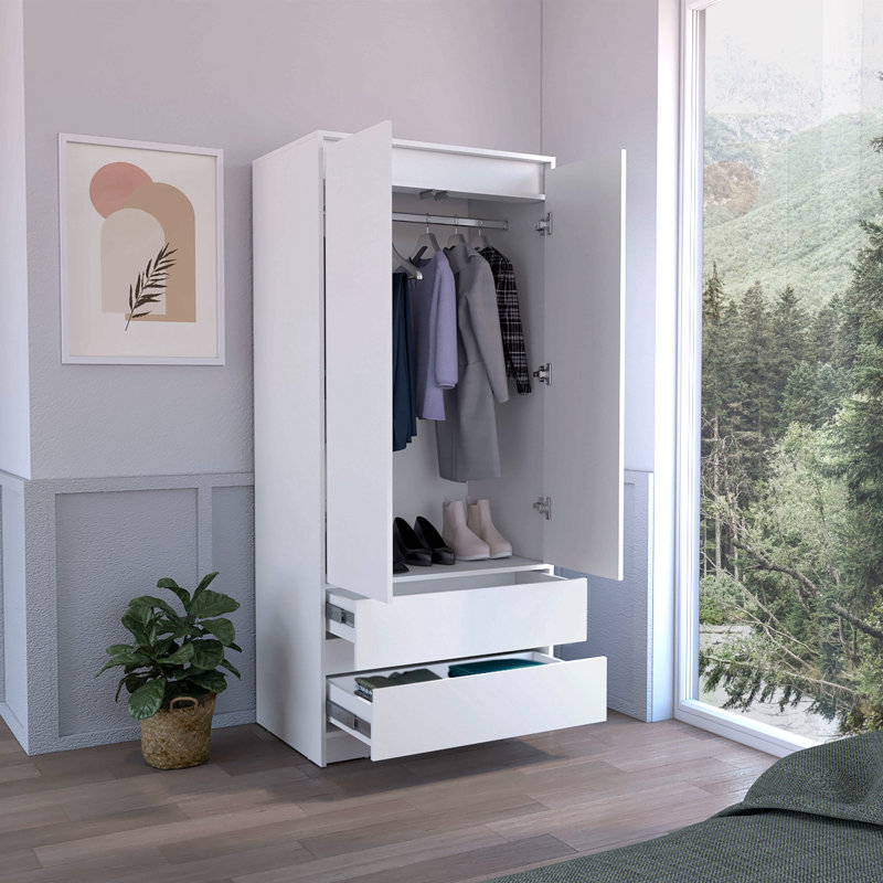 Armoire, penderie avec deux tiroirs, tringle, Blanc