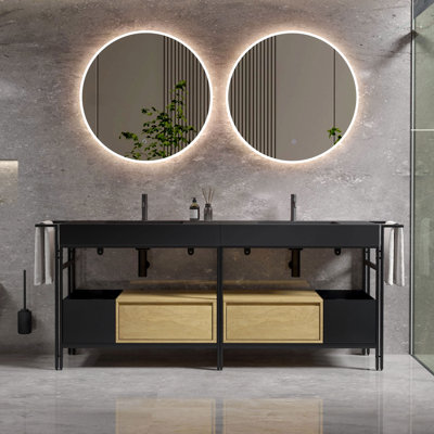 72" Bathroom Vanity with Sink, Metal Legs, Towel Rack, Drawer & Laundry Basket