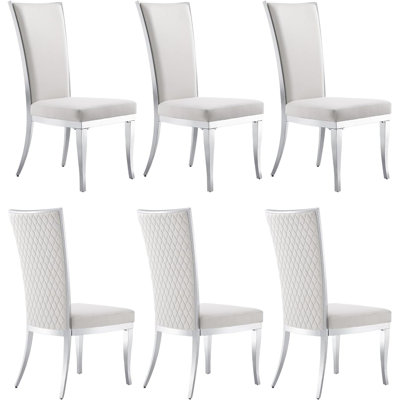 Ensemble de 6 chaises de salle à manger en velours blanc avec pieds argentés en miroir