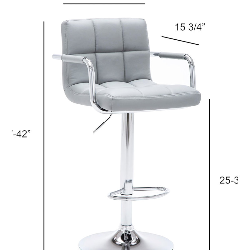 Contemporary Swivel Arm Bar Stool In Gray, 24" - 33" Adjustable, 360 Rotation, Comfortable Seating Gray Padded Adjustable Stool, Function, Metal Pedestal Base For Modern Decor
