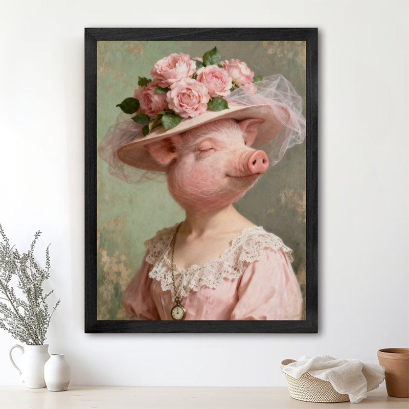 Art encadré noir avec cochon rose rétro, H 11 po x l 9 po