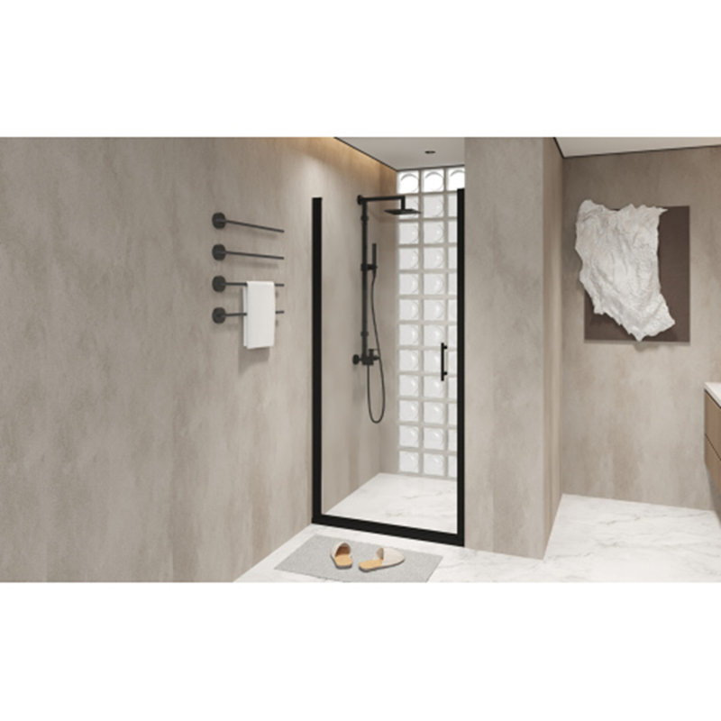 Porte de douche pivotante 34 po x 72 po - Cadre en aluminium noir mat, demi-cadre, verre trempé de 1/4 po avec film antidéflagrant