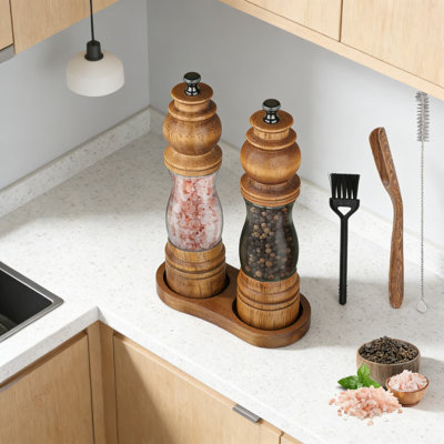 Manual Salt And Pepper Grinder Set With Wooden Tray, Adjustable Ceramic Mill, Clear Acrylic Chamber, And Cleaning Tools For Fresh Spices