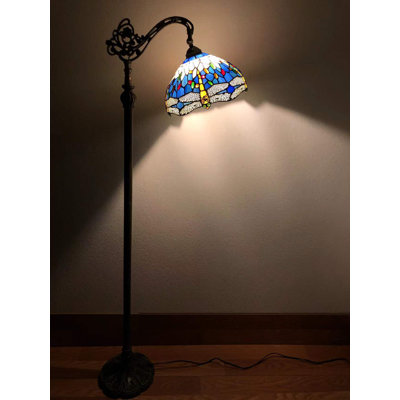 Tonsey Tiffany Floor Lamp Dragonfly Blue Stained Glass LED Bulb Gooseneck Adjustable 20"W*12"D*63"H