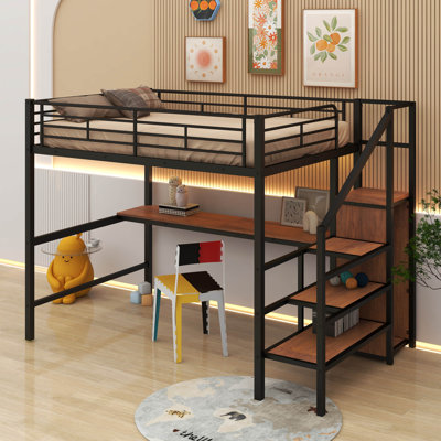 Lit mezzanine double en métal avec bureau, escalier de rangement, petite armoire et lumière DEL
