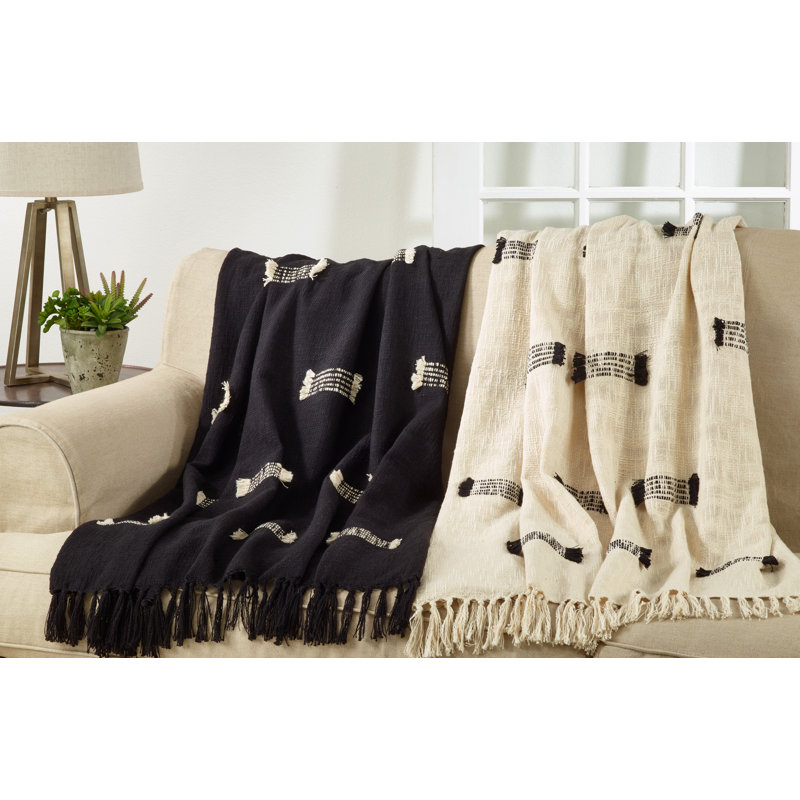 Black Cotton Throw Blanket with Fringed Lines, 50 x 60 Inch