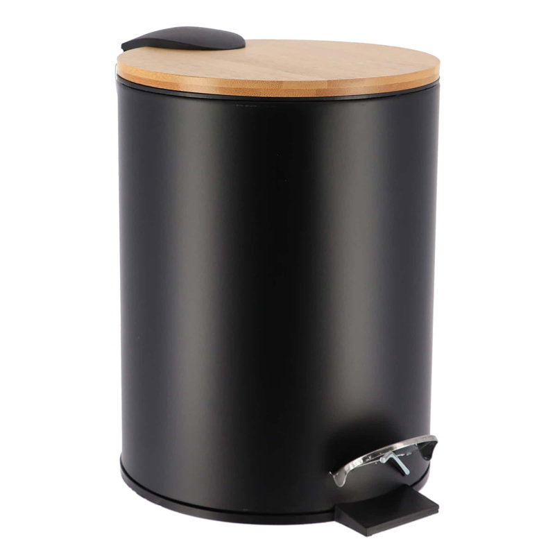 Trash Can with Bamboo Lid and Pedal, 2.5L Capacity, Black