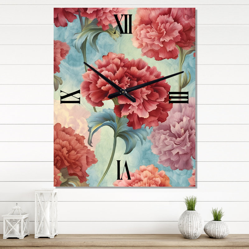 Horloge murale florale rouge sarcelle et œillets, Très grand