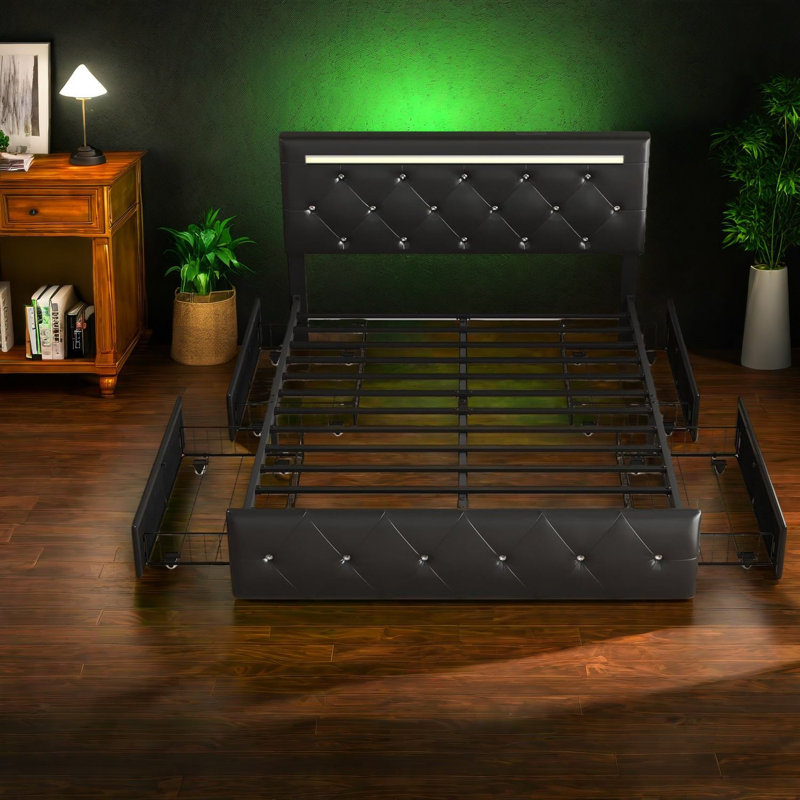 Lit spacieux en polyuréthane noir avec DEL, rangement, style moderne pour la maison