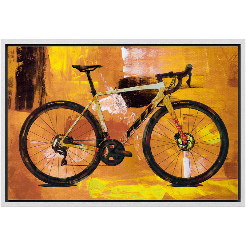 Vélo de montagne sur fond jaune vif - Peinture sur toile avec cadre flottant, H 16 po x l 24 po x P 1,5 po, Blanc