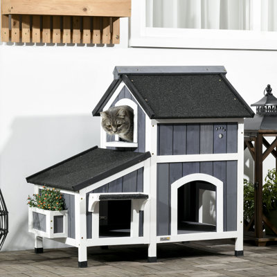 Wooden Outdoor Cat House with Flower Pot Windows Grey