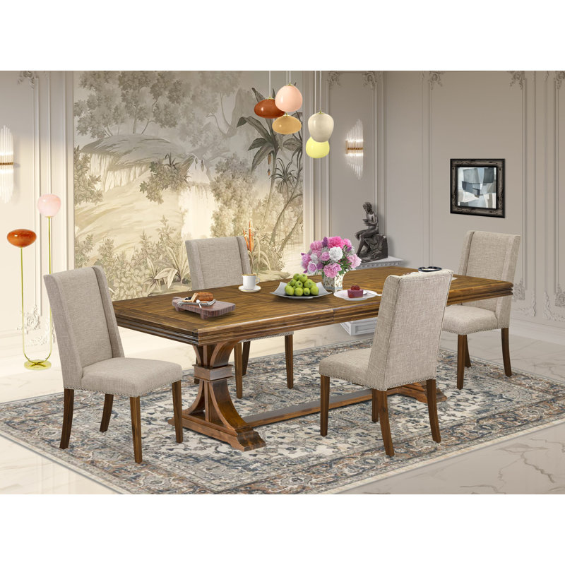 L'ensemble de salle à manger 5 pièces se compose d'une table en bois et de 4 chaises rembourrées en tissu de lin brun clair avec dossier rembourré - finition noyer antique.