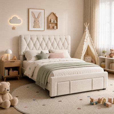 Twin Size Space-Saving Storage Drawers Upholstered Platform Bed Frame, Sturdy Wooden Slats, No Box Spring Needed - Noise-Free, Easy Assembly, Beige