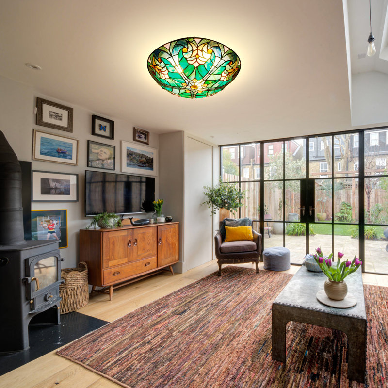 3-Light 15.8" Dimmable Tiffany Style Flush Mount Ceiling Light, Stained Glass Dome Close-to-Ceiling Fixture for Hallway, Bedroom