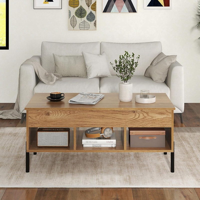 Table basse relevable avec pieds en métal, table centrale avec compartiment caché