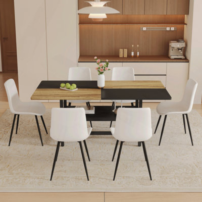 Table and chair set.71*35.4 inch Wooden And Black Spliced Dining Table With Storage Function In The Middle Of The Table Legs.Paired With Artificial PU Chairs With Curved Widened Cushion Design