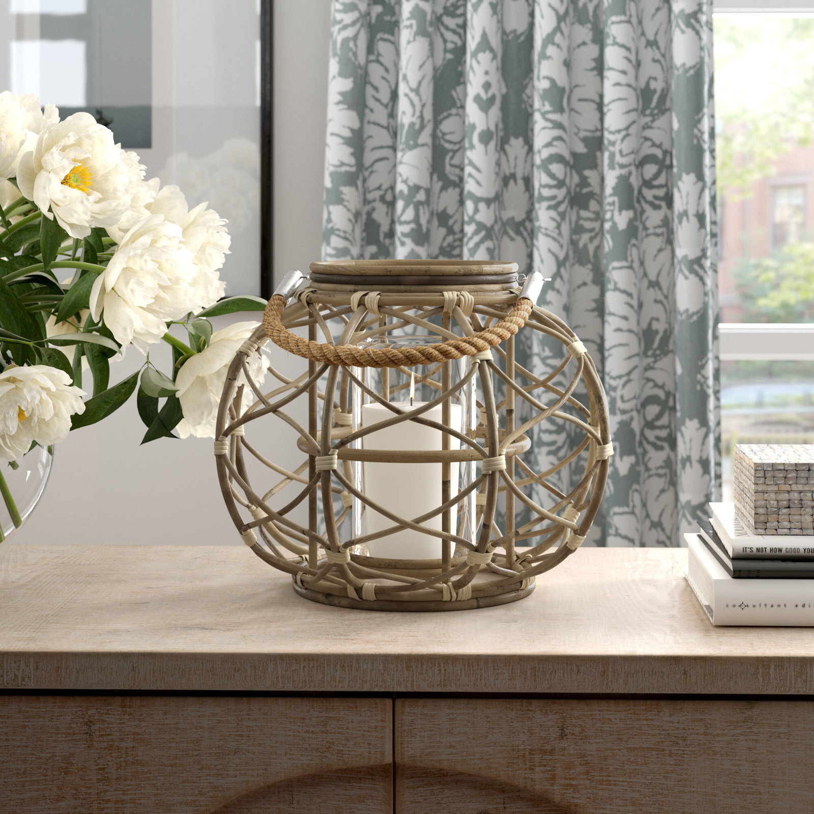 Rattan Lantern Candle Holder, Brown, 10.5" H x 13" W x 13" D