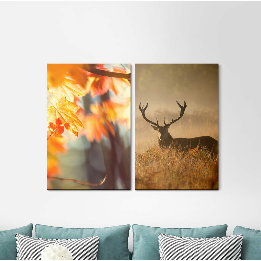 2-tlg. Leinwandbilder-Set - Fotografie „Forest Foliage Autumn Deer Peaceful Nature Deer Antlers”