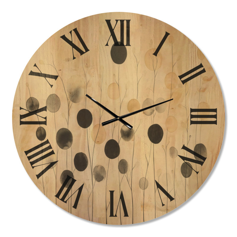 Têtes de graines d'encre I - Horloge murale en bois Japandi beige, Extra Large