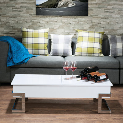 Table basse blanche ultrabrillante avec fonction relevable pratique