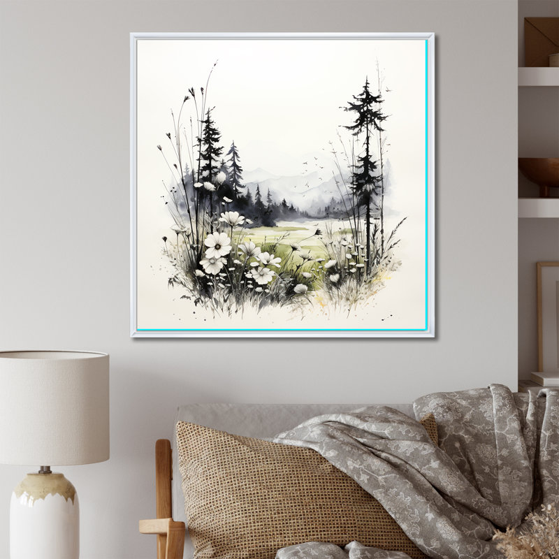 Faune sauvage, fleurs d'hiver sur toile, H 24 po x l 24 po x P 1 po, Cadre flottant blanc
