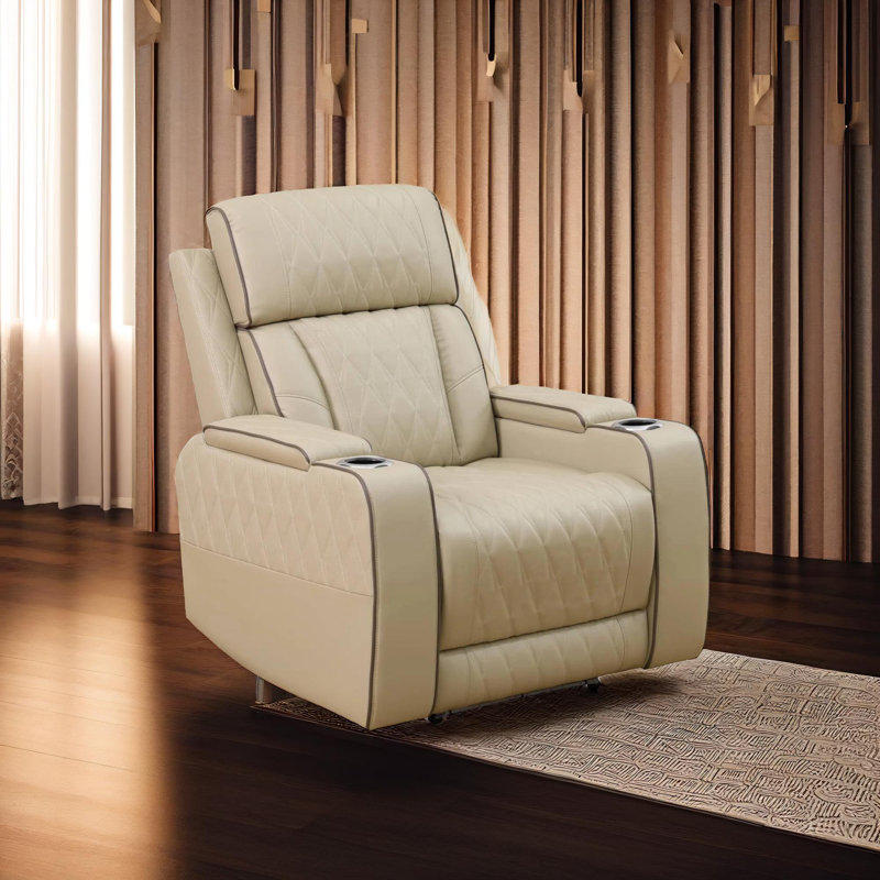 Alabaster Beige color Leather Living Room Recliner Sofa Chair,wireless charging station, cup holders