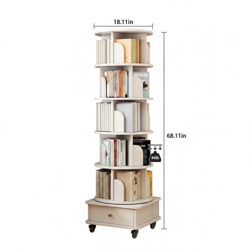 Six-Tier Revolving Bookcase, 360-Degree Circular Rotating Display Shelf With Casters And A Drawer, Space-Conserving, Compact Revolving Shelf Tower For Bedroom, Living Room, Home, Or Office Settings (Warm White Finish)