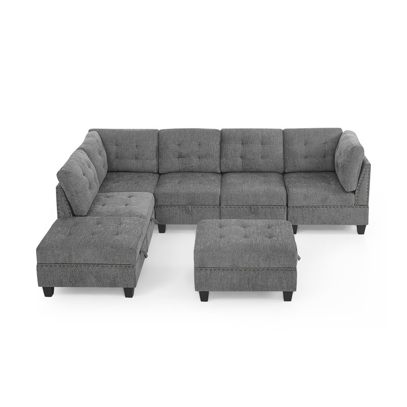 Canapé modulaire en forme de L, combinaison de bricolage, comprenant trois chaises simples, deux fauteuils d'angle et deux repose-pieds, chenille grise