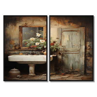«Bathroom Rustic Charm», ensemble de 2 impressions sur toile, ensemble d'humour beige