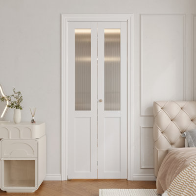 Frosted Reeded Glass and Solid Manufactured Wood Pre-drilled Bi-Fold Door With Installation Hardware Kit
