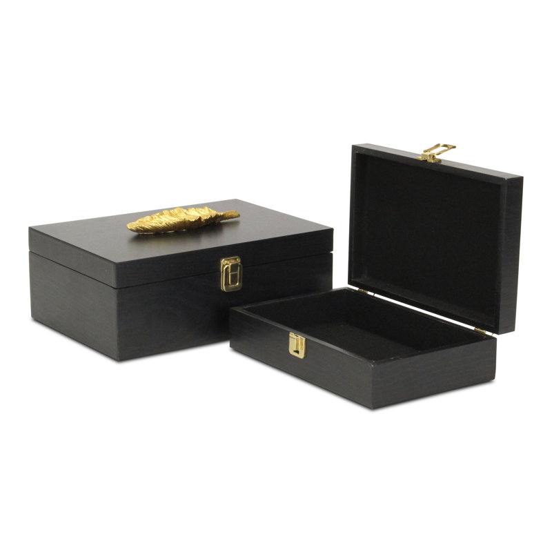 Canorus Rectangular Box Set with Gold Resin Feather - Black