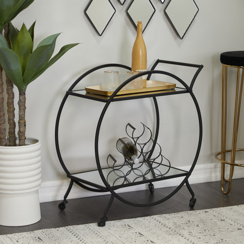  Bray Gold Metal Rolling Round 2 Mirrored Shelf Bar Cart with Top Handle, Black