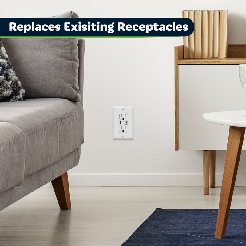 Réceptacle TR 15 ampères à 2 ports USB Type C / A 5,8 A TopGreener, blanc (paquet de 3)