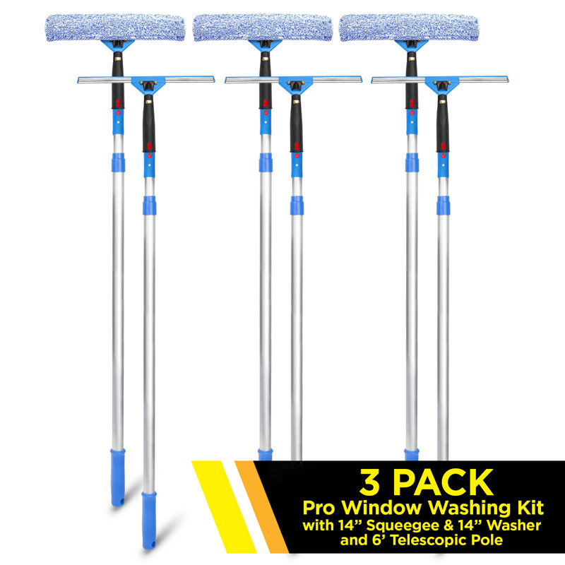 Pro Window Washing Kit with with Squeegee, Washer and Telescopic Pole, 3 Pack, 72" L x 14" W x 1" D