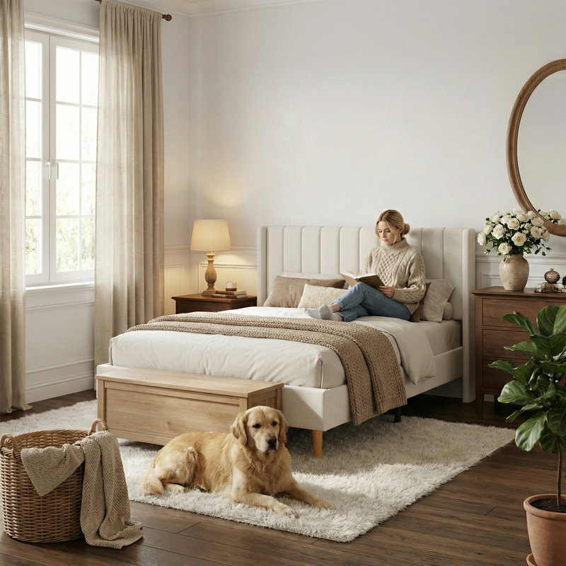 Base de lit tapissier avec tête de lit à oreilles Deeb, Grand, Velours crème