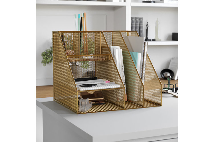 Gold metal desk organizer with three shelves to store small items beside two vertical folder slots.