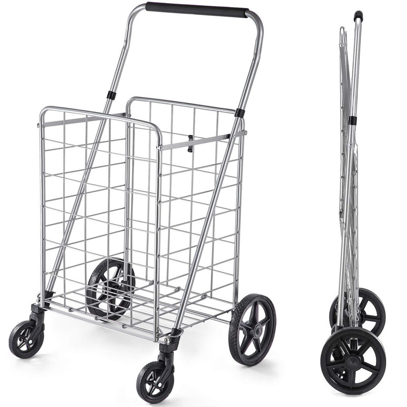 Shopping Cart With Adjustable Handle And Swivel Wheels, Heavy Duty Foldable And Collapsible Utility Cart