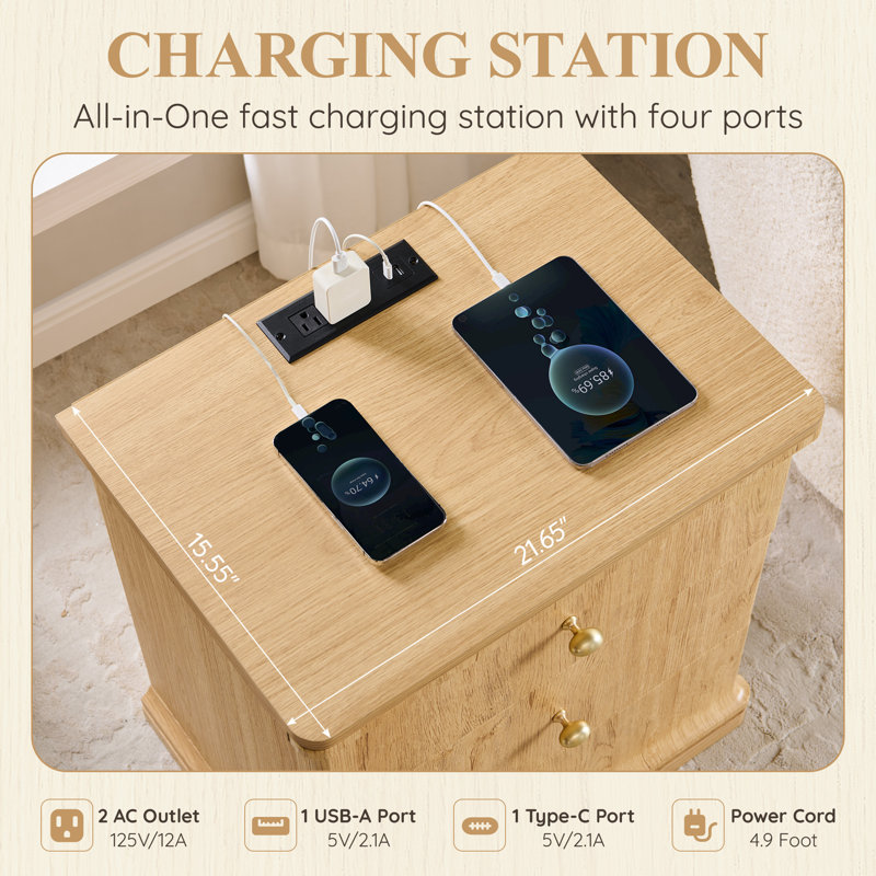 Abarca 23.6" Tall Modern End Table with Charging Station, 21.65" Wide Wood Bedside Table w/3 Storage Drawers,for living room,Study,Natural