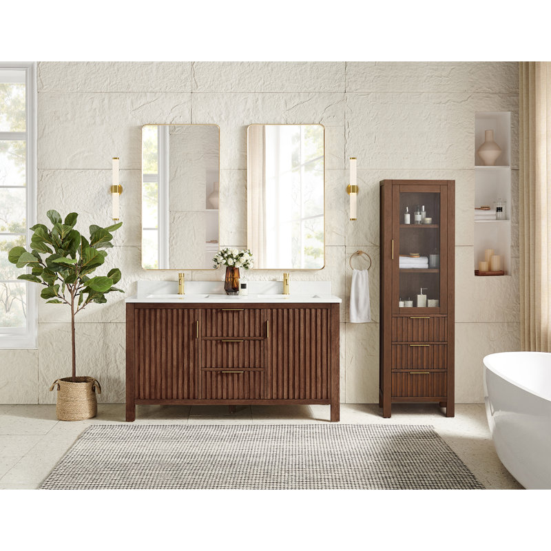 Charnley 60" Double Bath Vanity with White Grain Composite Stone Top, Aged Dark Brown Oak/ Brushed Gold