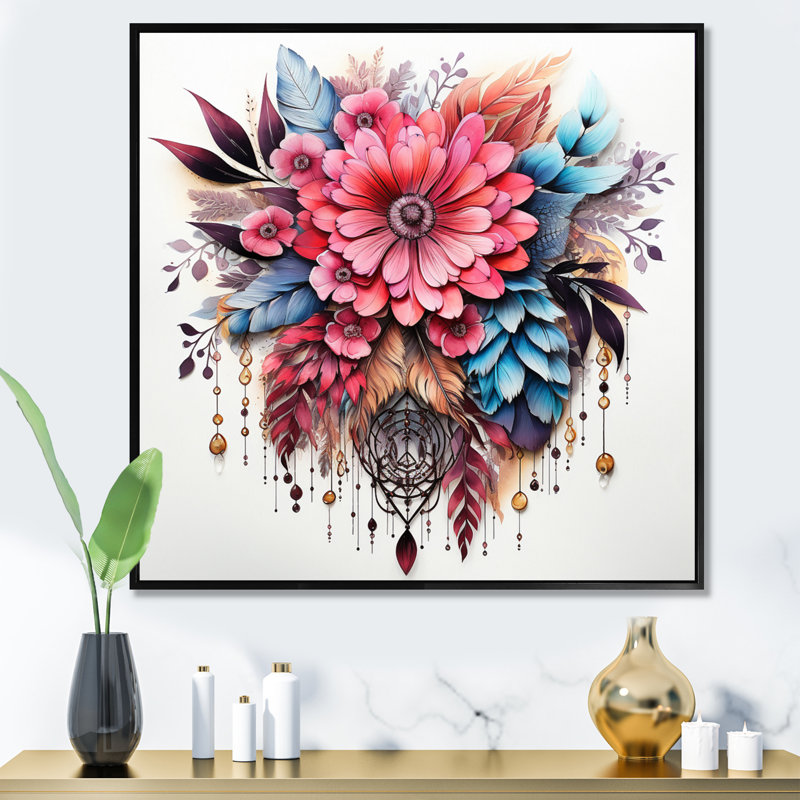 Fleurs de bohème rouge et plumes bleues, reproduction sur toile, 36" H x 36" W, Cadre flottant noir