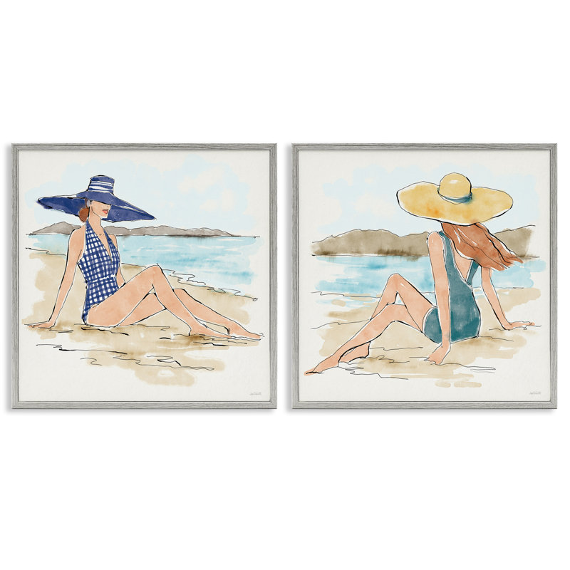  Bathing Beauties on Beach 2 PC Giclee Art Set by Anne Tavoletti, H 24 po x l 24 po, Estampe numérique Farmhouse