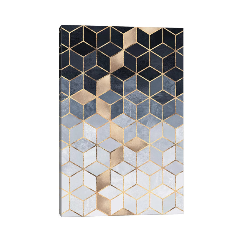 Soft Blue Gradient Cubes, Rectangular by Elisabeth Fredriksson - Print on Canvas, Black Floater Framed
