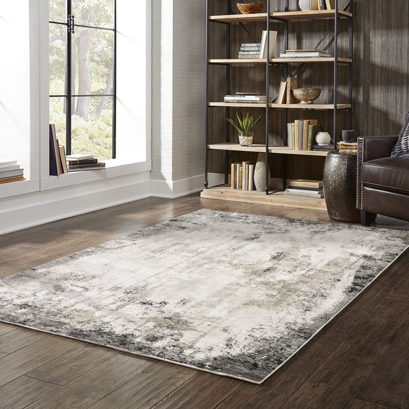 Tapis abstrait gris / bleu / ivoire Gwern, Rectangle 9 pi 10 po x 12 pi 10 po