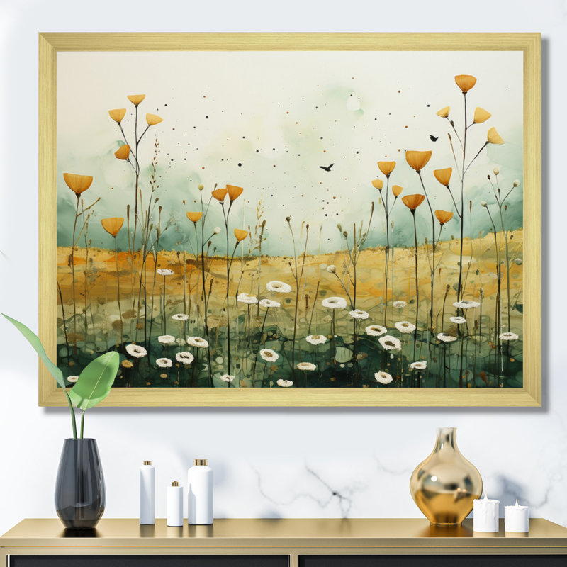 «Whispering Meadows I», art mural abstrait sur toile, H 16 po x l 32 po x P 1 po, Cadre doré à une seule photo
