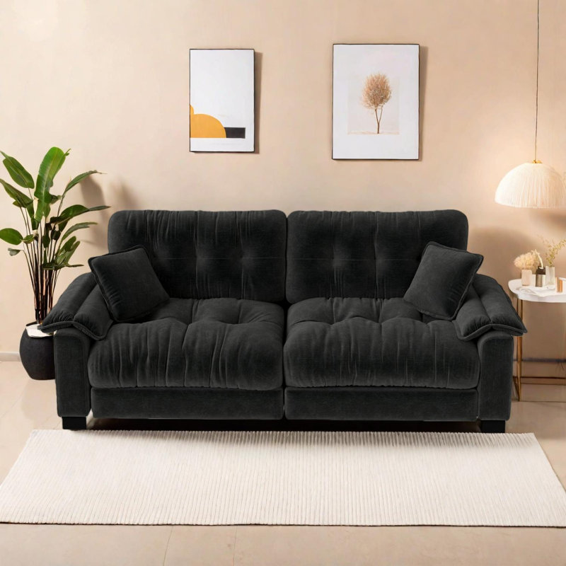 Canapé moderne plissé en chenille de 94 pouces à trois places avec support à ressorts, Noir